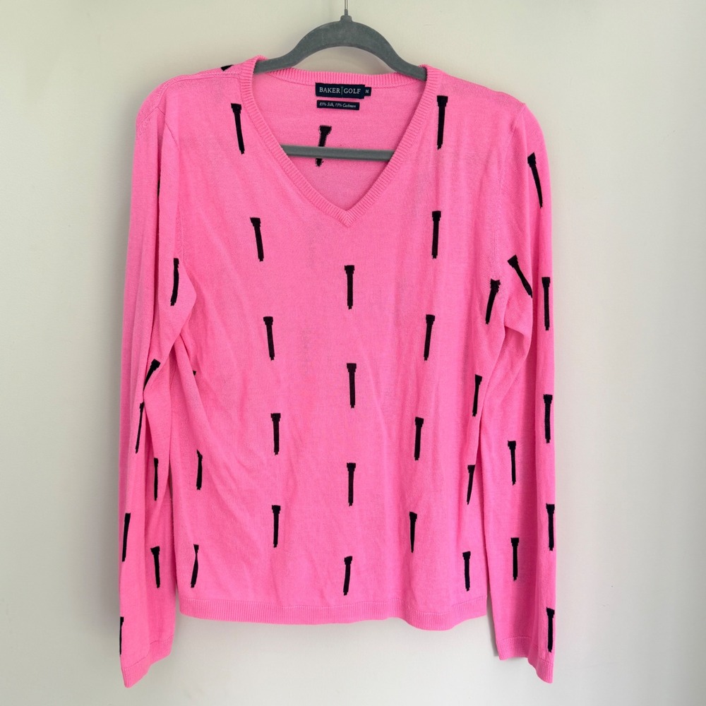 Baker Golf Womens Pink Silk Cashmere V-Neck Novelty Golf Tee Sweater SZ Medium